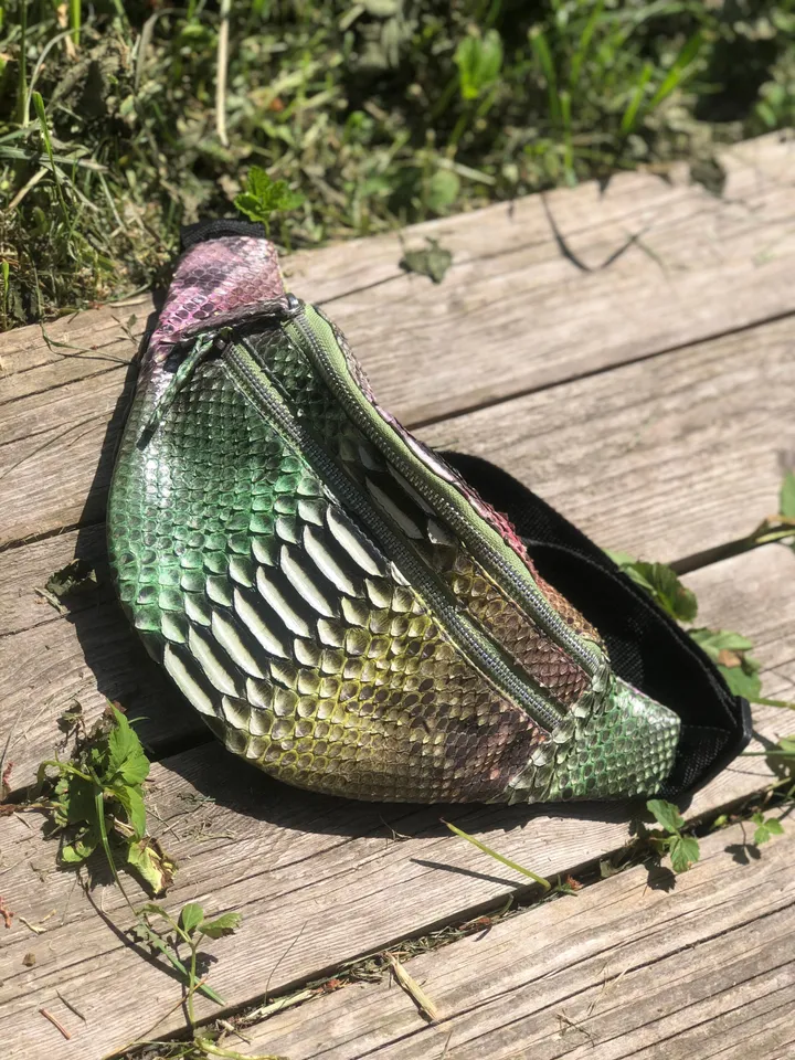 Genuine Python Skin Fanny Pack  Bronze Green Milticolor  | Leather Belt Bag| Unisex Fanny Pack | Exotic Leather Bags | Snake Print Bag