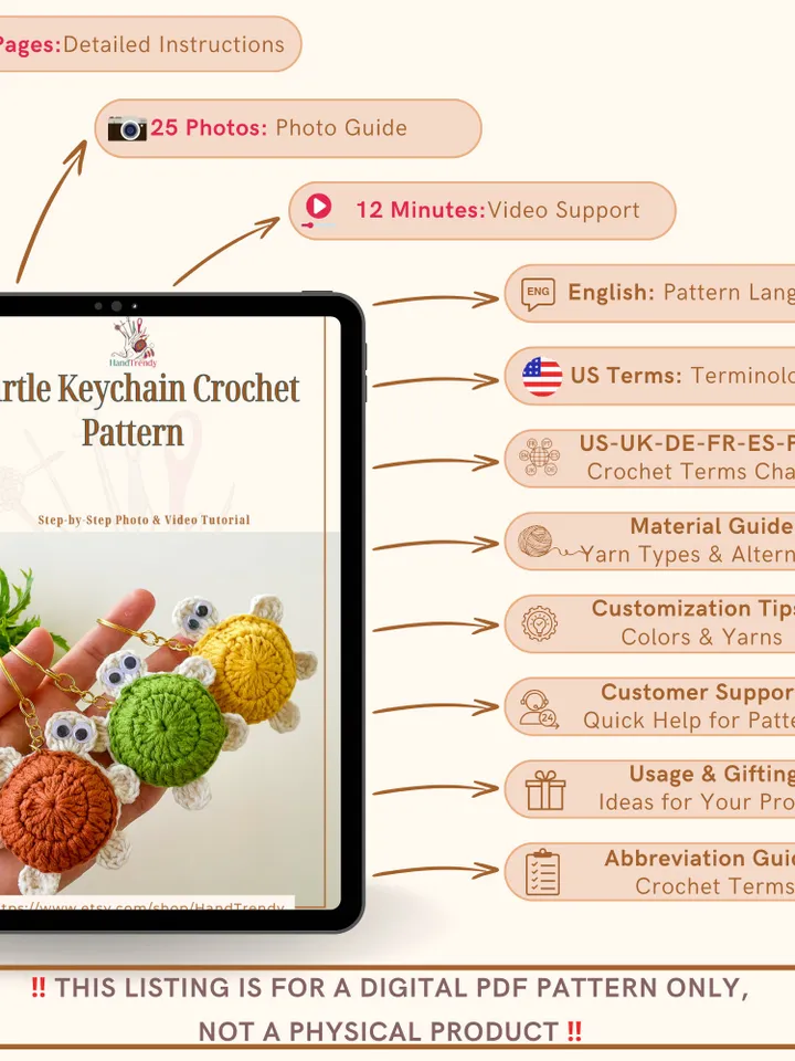 Crochet Turtle Keychain Pattern, Easy Crochet Keychain PDF Tutorial for Cute Handmade Turtle Bag Charm Gifts, Instant Download