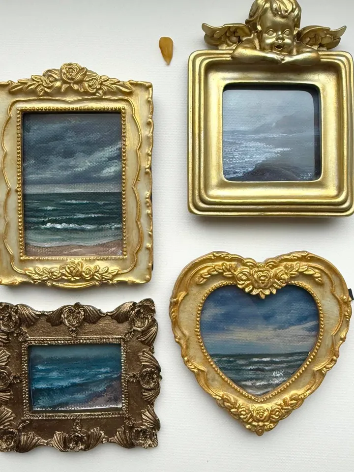 Small Landscape Painting Framed Original Foggy Cliff Painting Antique Misty Art Coastal Gold Frame Tiny Paintings 4 x 4 Art Victorian artwork