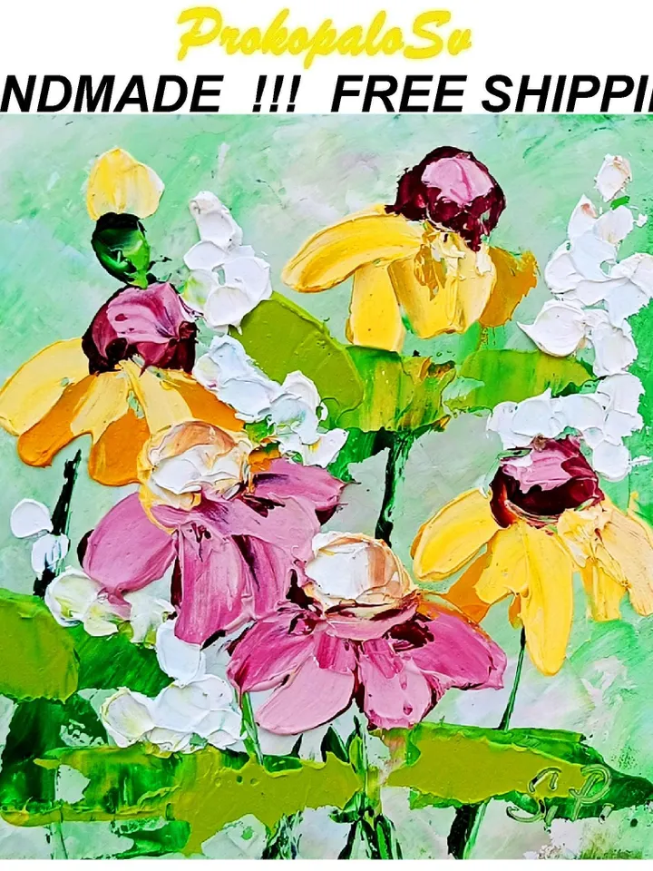Rudbeckia painting Pink Daisies Impasto Original Painting Flowers OIl Artwork Meadow Wall Art Decor Gifts for Her by ArtProkopaloSv