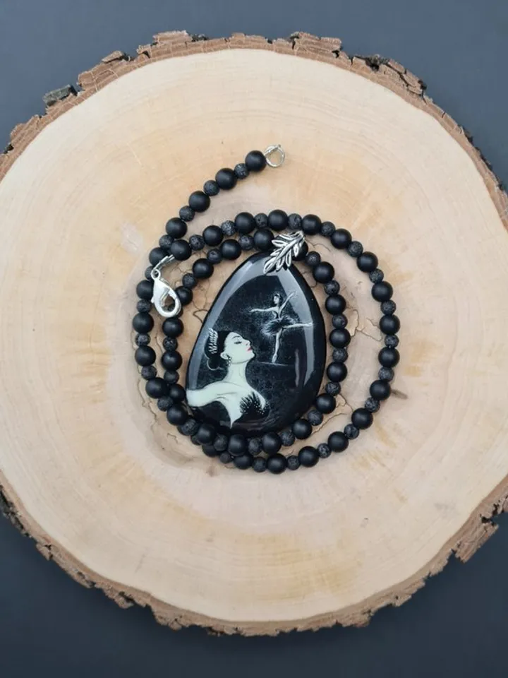 Necklace ballerina black swan Oil painting Miniature on agate One of a kind