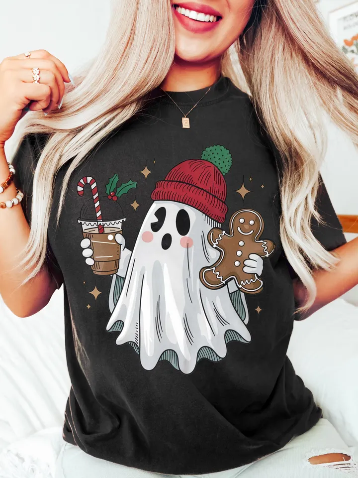 Vintage Christmas Ghost PNG for Retro Coffee Decor & Halloween Fun, Holiday PNG, Boojee Ghost - Spooky Holiday Decor, Christmas Trending Png