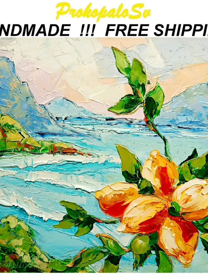Italy Painting Lemon Original Art Impasto Oil Painting Coastal Painting Seascape Painting Sorrento Abstract Italy Painting by ArtProkopaloSv