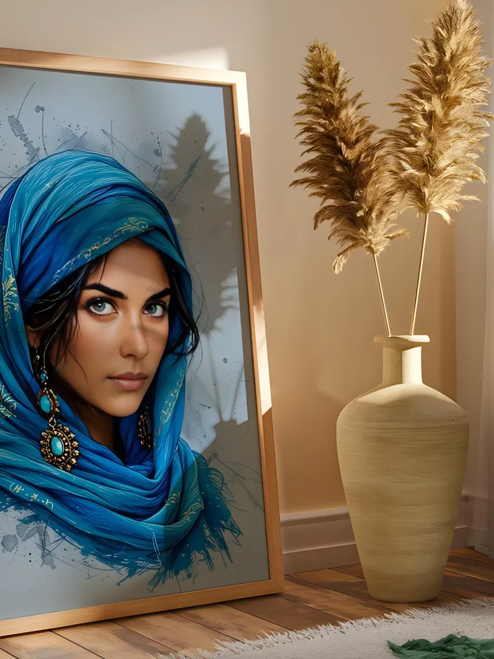 Afghan Woman Portrait Wall Art Modern Indigo Print Middle Eastern Heritage Poster Arab Woman Artwork Blue Gallery Digital Download