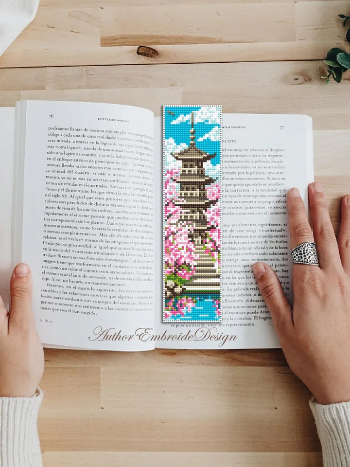 Spring bookmark cross stitch pattern PDF download Japanese pagoda cross stitch chart for beginner, Sakura bookmark pattern digital PDF #B470