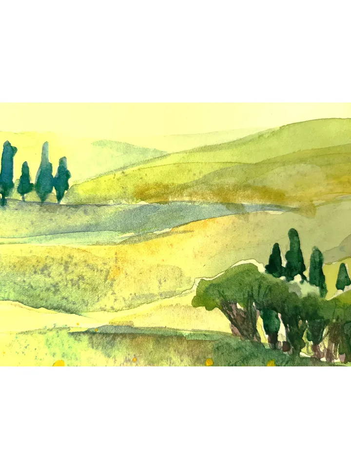 Tuscany Hills Sultry Summer Landscape 5,9 x 8,3 inches ORIGINAL Watercolor Painting yellow Small Art Signed by artist Marina Chuchko