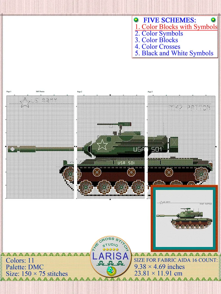 M47 Patton Cross Stitch Pattern | Patton Tank Chart | American War Machine