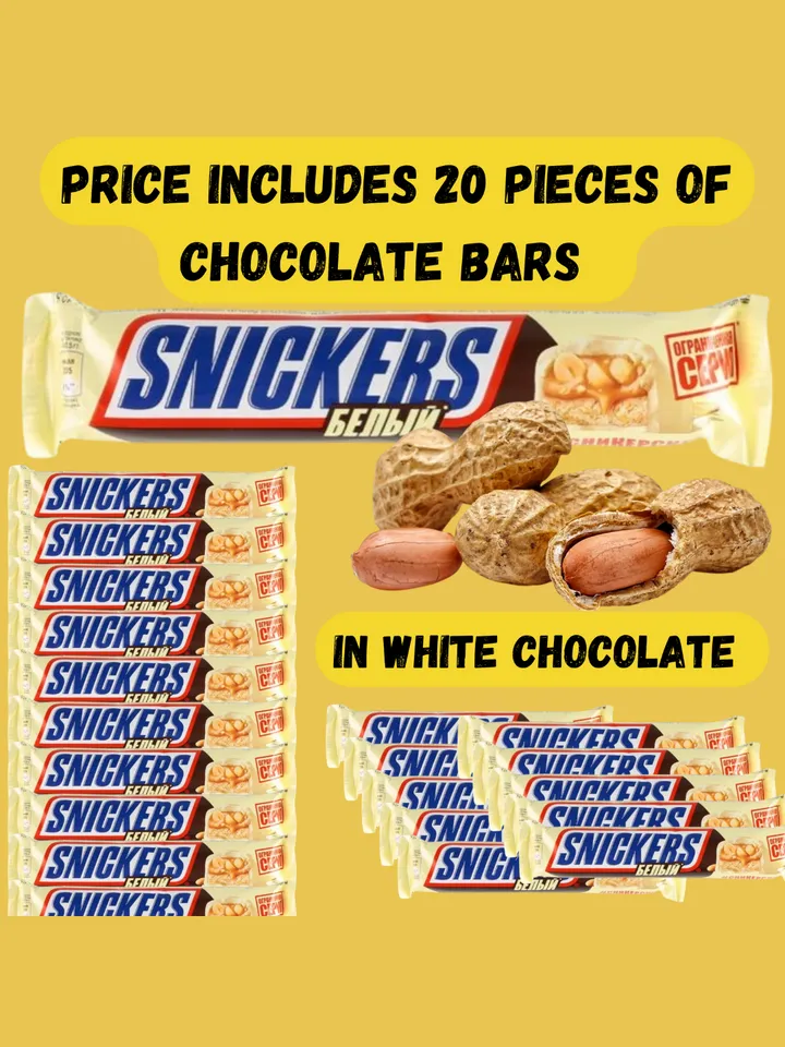 SNICKERS chocolate is a nut covered with white chocolate the order includes 20 pcs