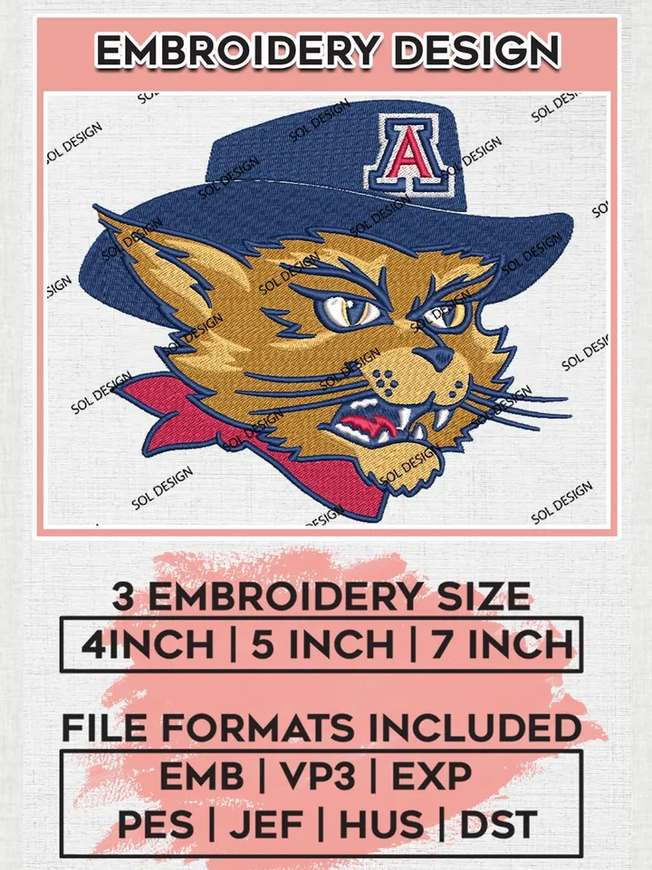Arizona Wildcats Team Head Mascot Boy Logo Embroidery Design Files, NCAA Arizona Wildcats Machine Embroidery, NCAA Teams, 3 sizes, NCAA Machine embroidery designs, Digital Download