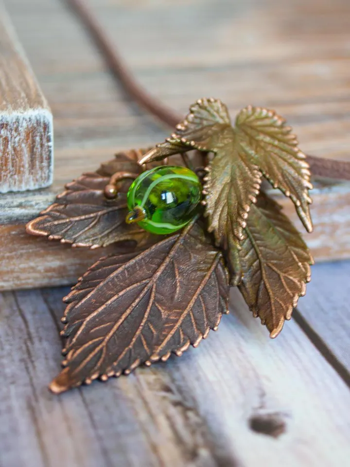 Unique handmade copper pendant made of nature leaves in a single copy, original gift