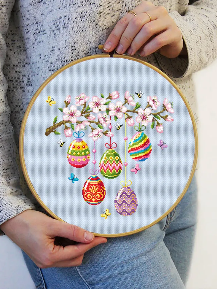 Happy Easter cross stitch pattern PDF download Easter eggs cross stitch chart, Spring pattern digital PDF, Cherry blossoms cross stitch #T45