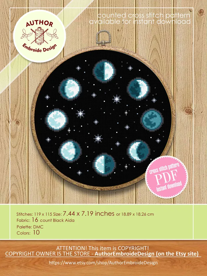 Moon phases cross stitch pattern download PDF Space cross stitch, Lunar pattern PDF, Simple cross stitch chart, Moon phase decor #L59