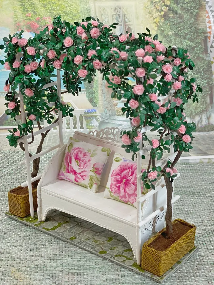 Arch with a weaving rose and a bench. Dollhouse accessories. 1:12. Doll garden. Plants for the doll.