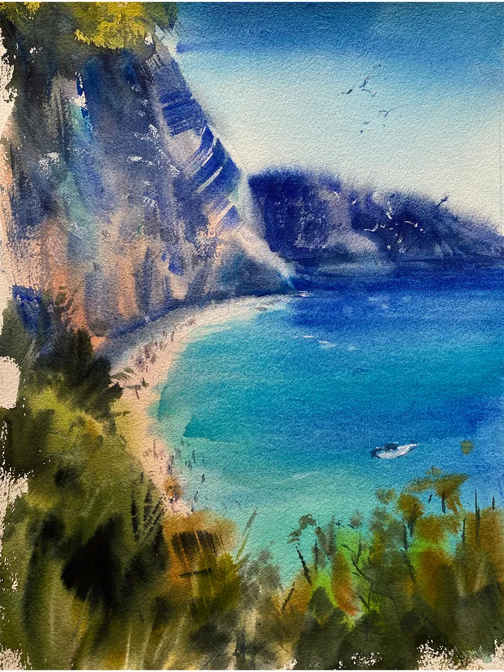Watercolor landscape seascape painting blue colours