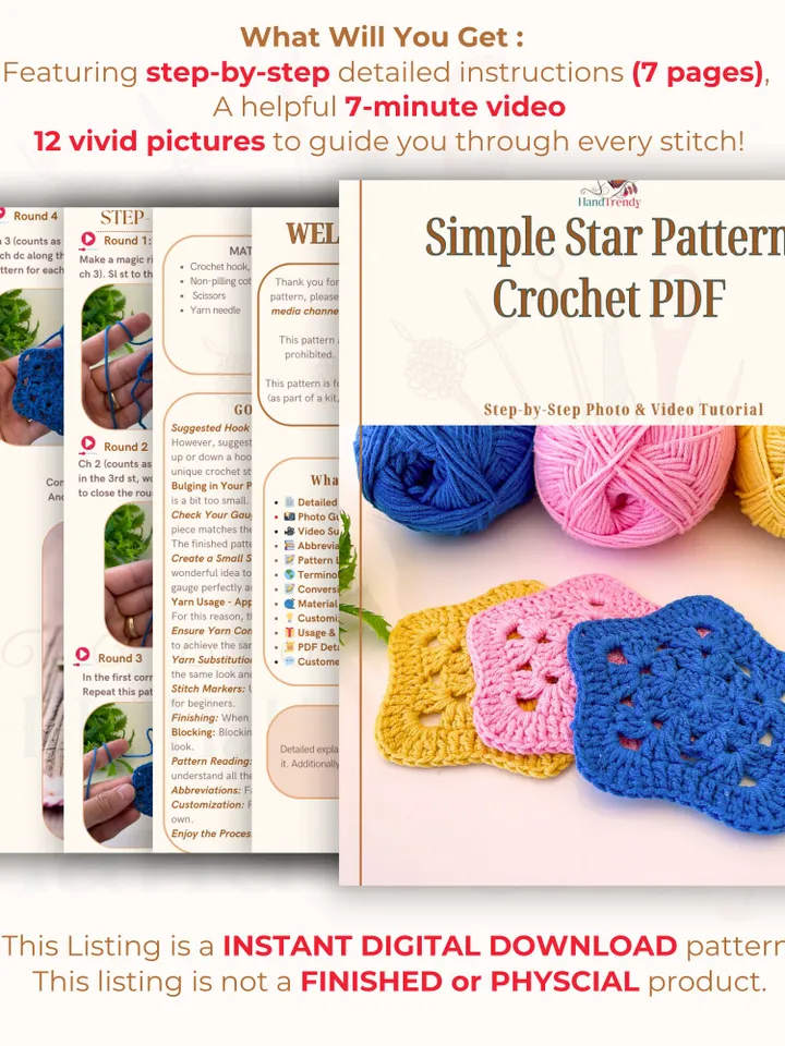 Simple Star Pattern Crochet PDF - Xmas Decor, Star, and Tree Designs - Quick and Easy PDF Tutorial for Beginners