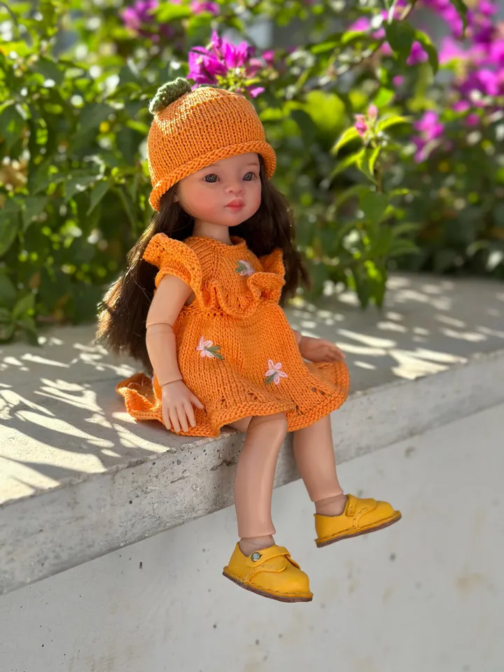 Set Dress & Cap Orange for Paola Reina KNIT PATTERN and tutorial for Boneka 12-13 inch doll, Ruby Red Siblies, Les Cheries 32 cm PDF eng