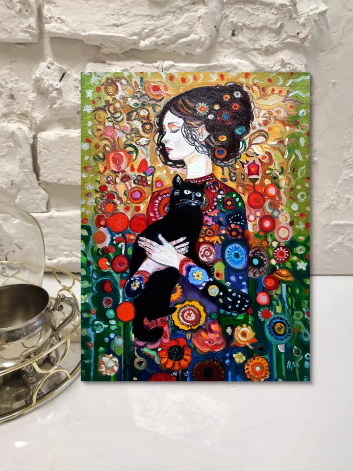 Girl with the black cat Painting Original Oil Art
Oil on Canvas 16 by12 inches