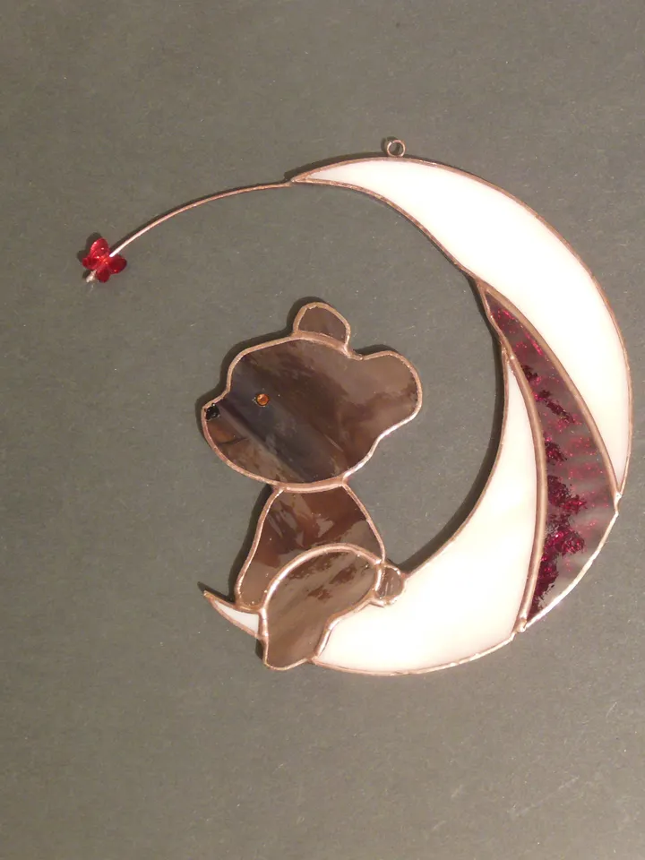 Bear on Moon with Butterfly . Swarovski Сrystal .  Stained glass window hanging Suncacher
