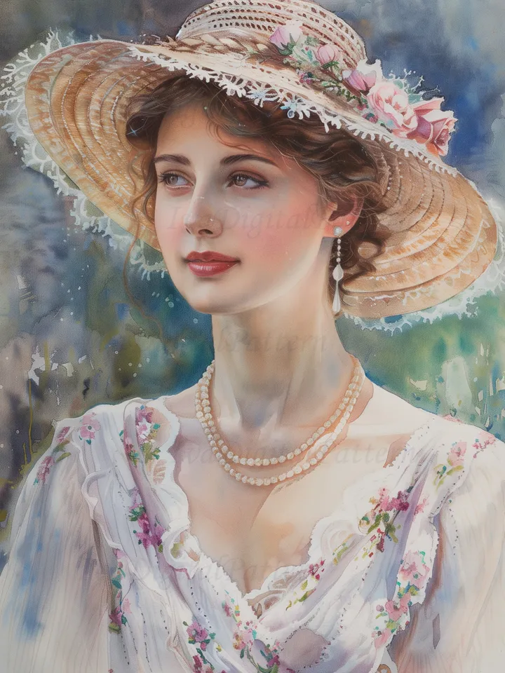 Digital painting. French woman. Romantic girl with a hat. Wall decoration in pastel colors. Parisienne. Digital illustration.Instant download.