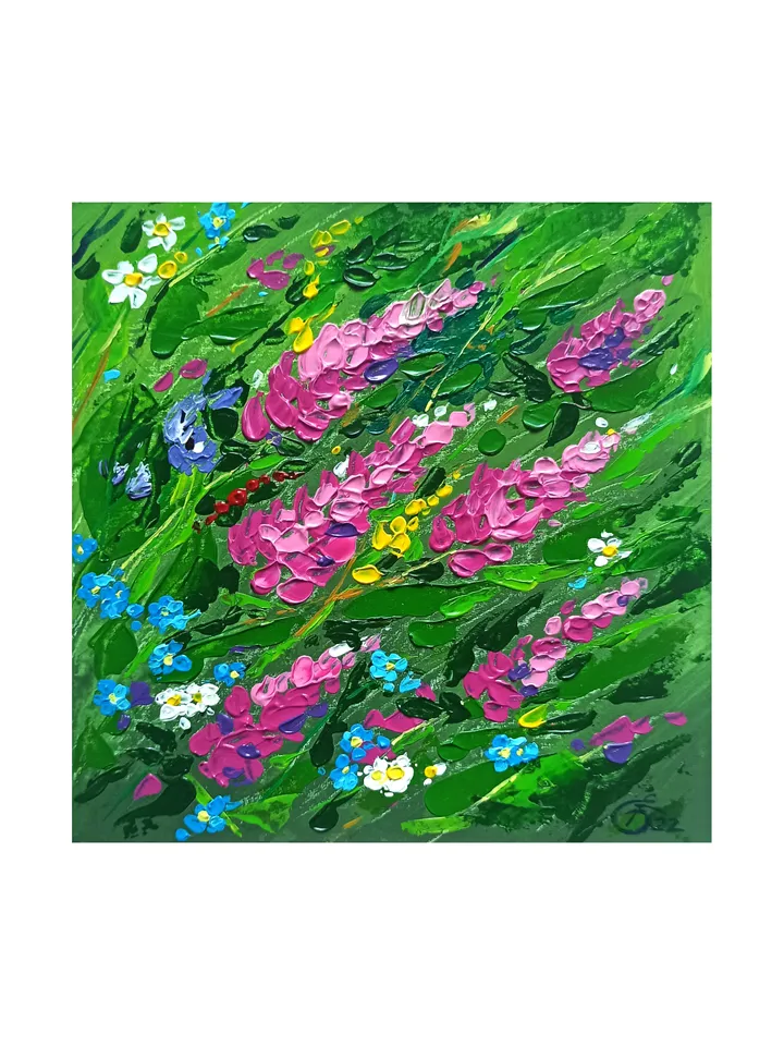 Abstract flower painting, "Wildflowers", original acrylic painting on cardboard 20x20cm, Impasto, Lupines, Forget-me-nots, Chamomiles