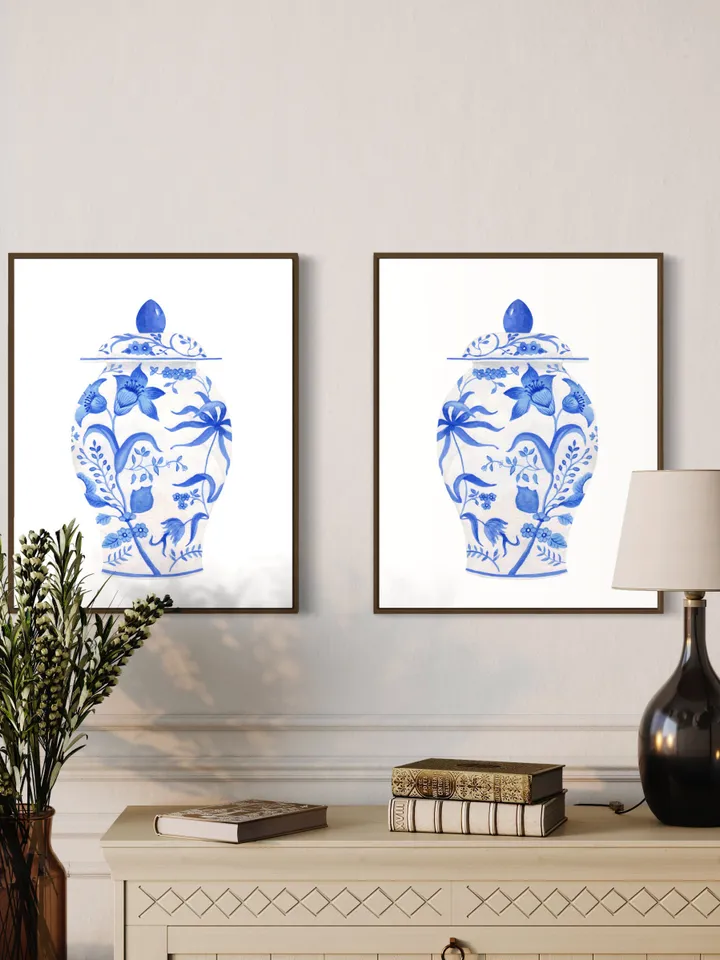 Blue Chinoiserie Vase Set Of 2 Wall Art, Ginger Jar Wall Art, Blue And White, Chinoiserie Chic, Vintage Art Print, Vase Still Life