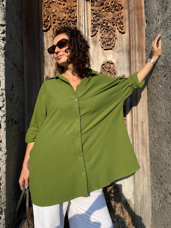 Pure linen oversize khaki shirt / soft linen summer bikini cover up maldi shirt / classy shirt comfy resort wear / comfy women wear