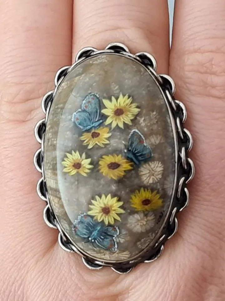 Daisies and blue moths ring Coral stone ring Stone painting
