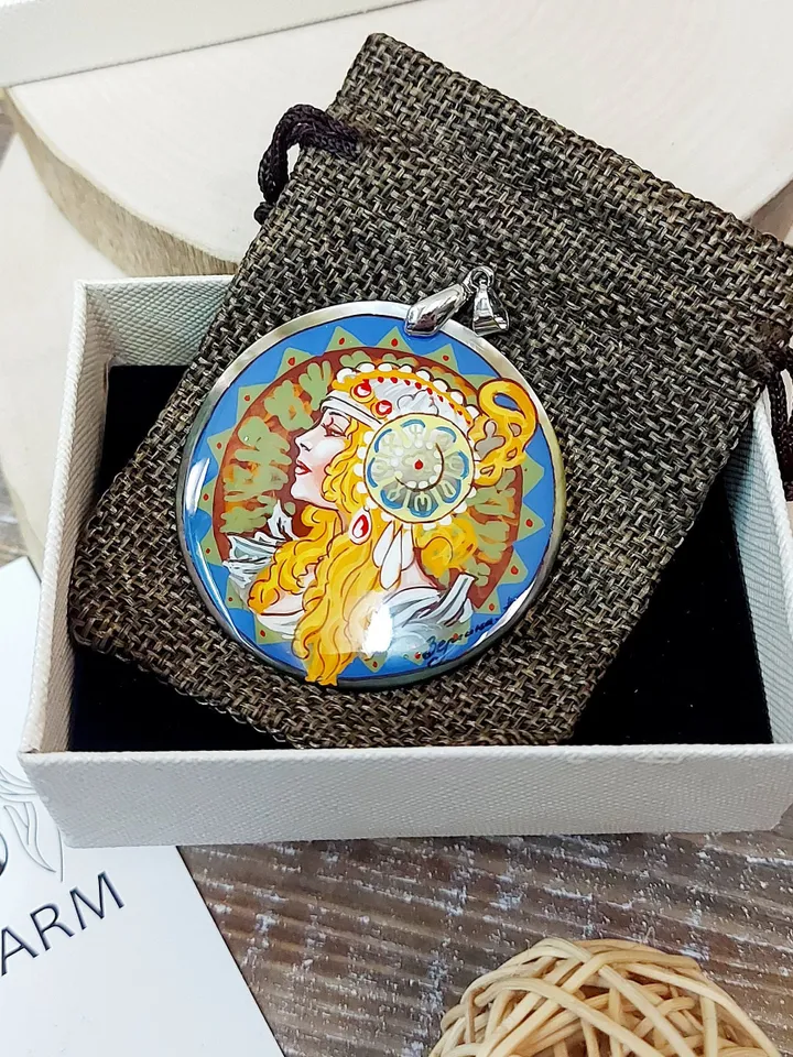 Pearl pendant necklace: The Blonde by Alphonse Mucha on dainty necklace. Charming art hand painted on shell pendant. Cute gift for friend.
