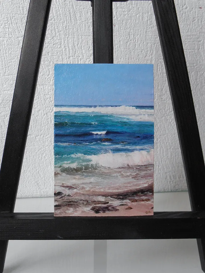 Ocean painting 5'x3' Seascape miniature artwork Turquoise wave Sandy shore