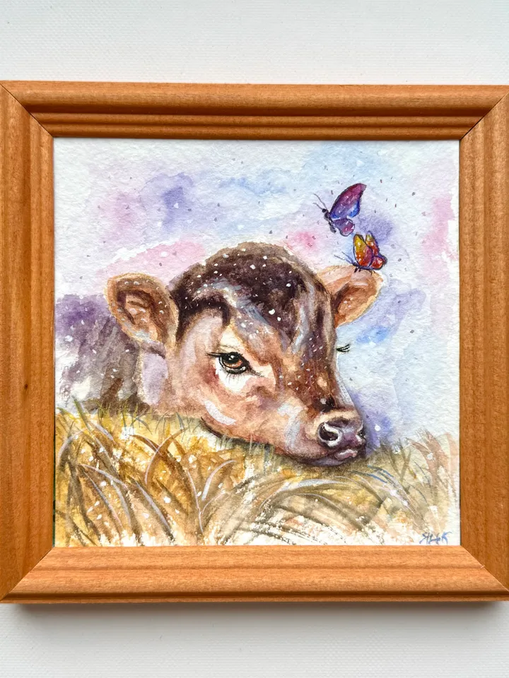 Cow Painting Original Watercolor Painting Farm Art Gift Small Animal Artwork Illustration 5 by 5