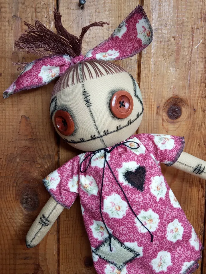 Handmade Doll With Button Eyes (Pink)