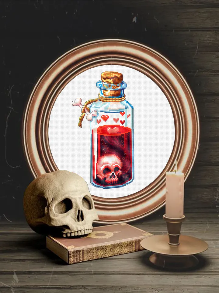 Witch bottle cross stitch pattern download PDF Gothic cross stitch chart, Magic potion bottle, Skull embroidery PDF, Gothic halloween #H55