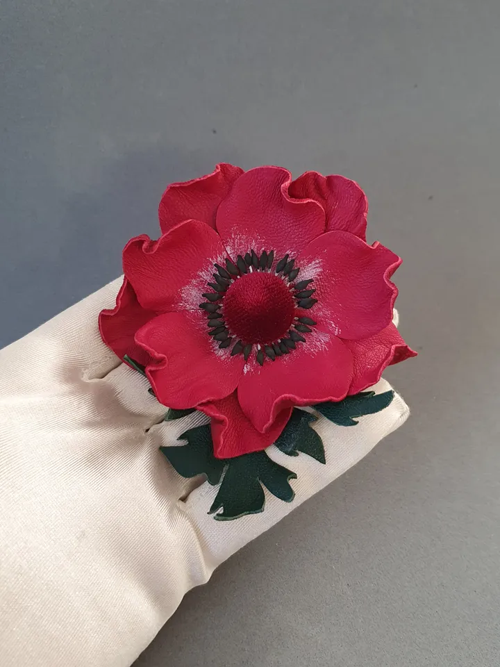 Dark bordo leather brooch for her , 3rd anniversary gift for wife, Leather women's jewelry