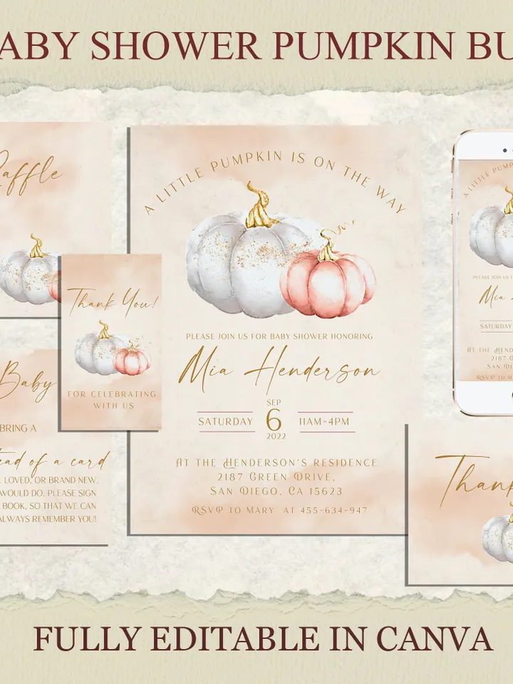 A little Pumpkin on the Way! Autumn Baby Shower Invite; Pink Pumpkin Baby Shower Invitation set; Pumpkin 2022 trend Autumn baby shower kit