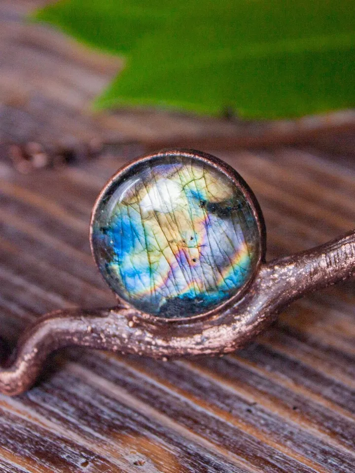 Copper pendant - choker made from natural stick using electroforming with natural labradorite stone