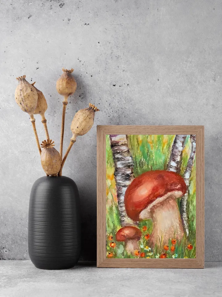 Mushroom painting original art, Pastel mushroom drawing, mini mushroom painting