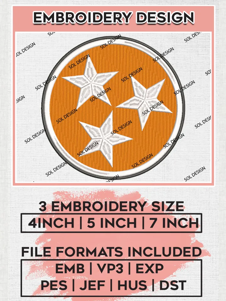NCAA Tennessee Volunteers Team Star Logo Embroidery Design Files, NCAA Tennessee Volunteers Machine Embroidery, NCAA Teams, Game Day, 3 sizes, NCAA Machine embroidery designs, Digital Download