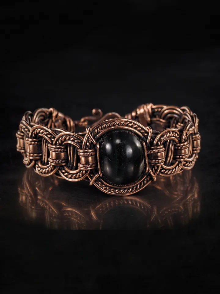 Copper wire bracelet with natural falcon eye, 7th Wedding Anniversary gift