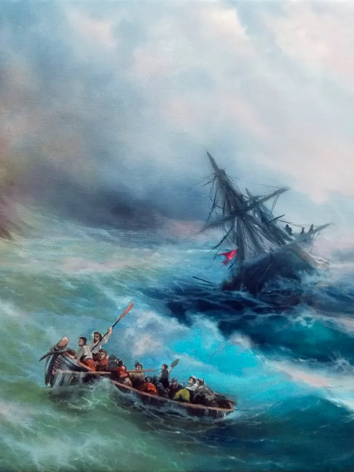 Seascape oil painting Shipwreck and boat art Turquoise wave Rainbow in the sea
