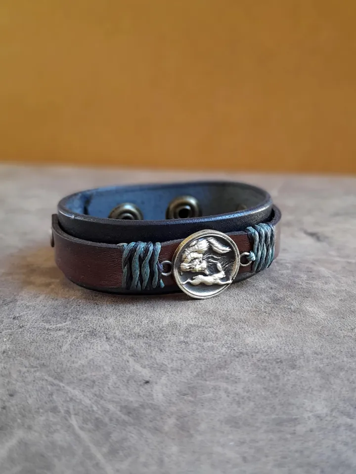 Hunting Wolf Bracelet, Handmade Adjustable Leather Cuff, Hunter Gift Idea, Men Empowerment Leather Wristband, Anniversary Gift for Him