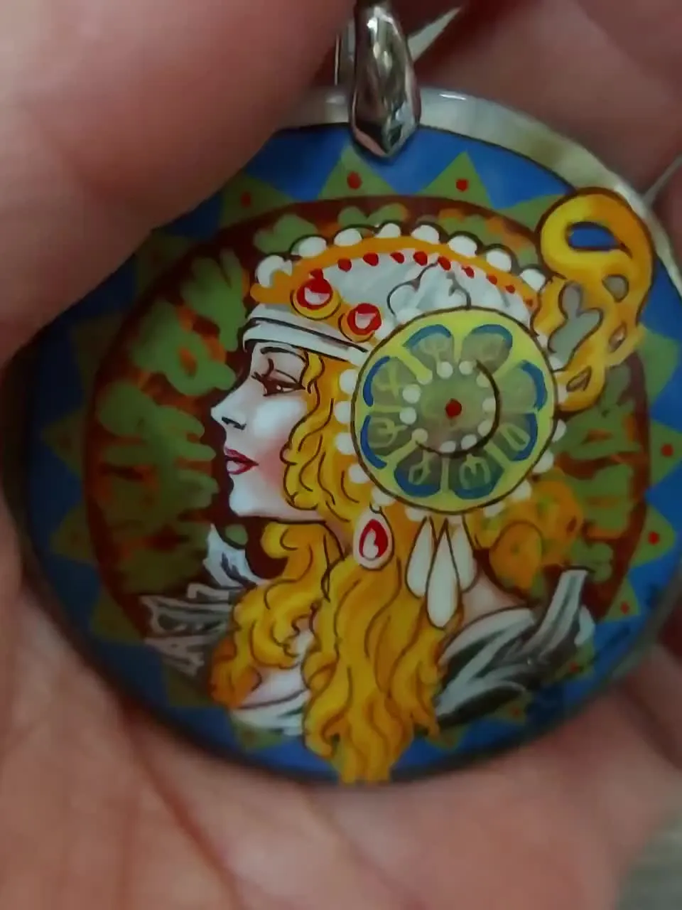 Pearl pendant necklace: The Blonde by Alphonse Mucha on dainty necklace. Charming art hand painted on shell pendant. Cute gift for friend.