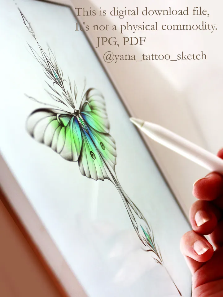 Luna Moth Tattoo Design Luna Moth Tattoo Idea Stencil Sketch, Instant download PDF, JPG