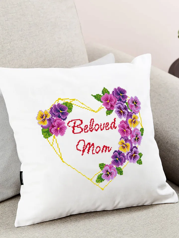 Floral heart frame cross stitch pattern PDF download Beloved Mom cross stitch chart, Violets flowers cross stitch, DIY gift for mother #Q28