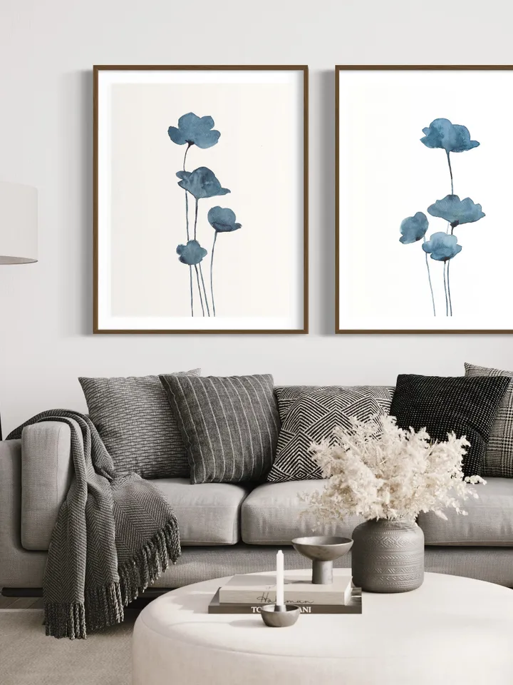 Blue Watercolor Flowers Wall Art Abstract Prints Navy Blue Wall Art Indigo Botanical Navy Blue And White Gallery Wall Set Of 2 Art Prints