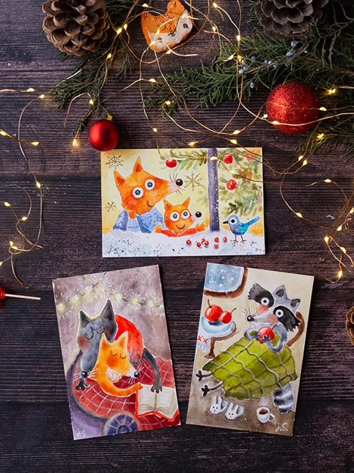 Set of 3 Watercolor Christmas Postcards “Magical Winter" by Julia Schigal