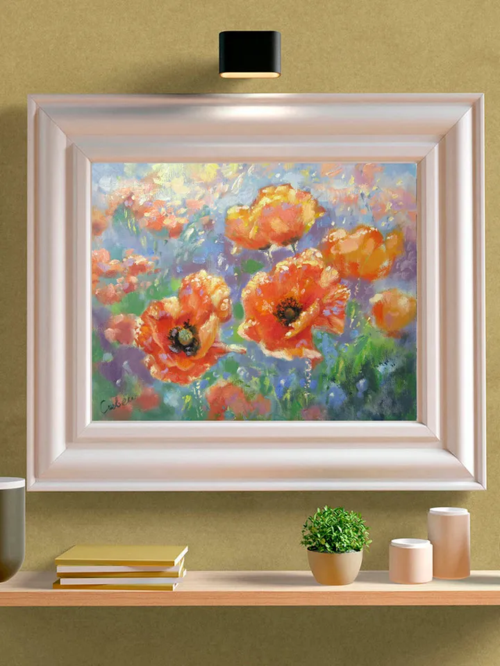 Poppy Painting Original Art Red Flower Impressionism Artwork Blooming Meadow