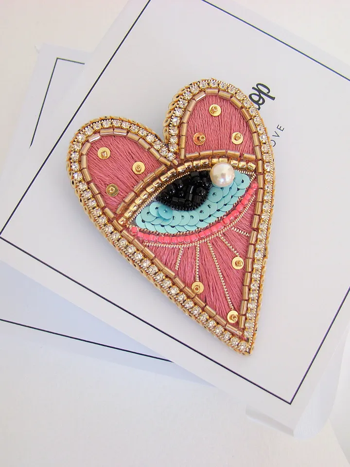 Heart eye brooch, embroidered brooch, beaded heart brooch
