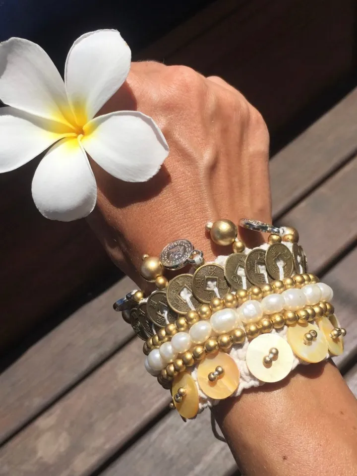 Boho Hippie Coachella Pearl Chinese Coin Bracelet | Macrame crochet tie bracelet | Bohemian Jewerly | shell bracelet bali crochet bohemian