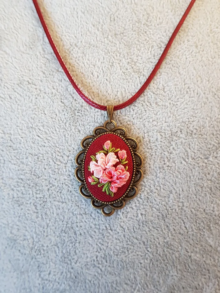 Handmade jewelry, Ribbon embroidered pendant for her