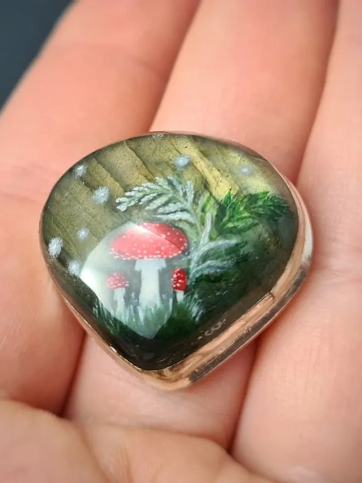 Labradorite ring Stone painting fly agaric Aaa large labradorite ring 飛木耳環
